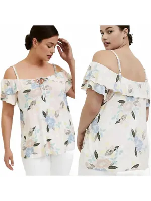 Torrid Super Soft Light Pink Floral Cold Shoulder Ruffles Top Size 0 (12) thumbnail 2