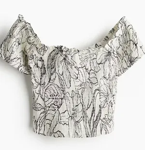 H&M Cream Off-Shoulder Smocked Floral Crop Top thumbnail 1