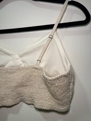 Japna Women’s M Beige Linen Blend Bralette Crop Top Smocked Back thumbnail 4