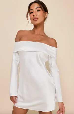 Lulus Luxurious Vision White Satin Off-the-Shoulder Mini Dress Party XS NWT thumbnail 1