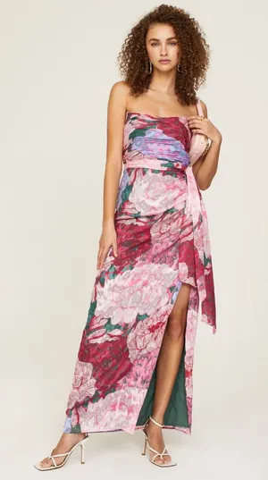 HUTCH Purple Pink Floral Drape Front Strapless Julietta Maxi Gown size 4 thumbnail 1