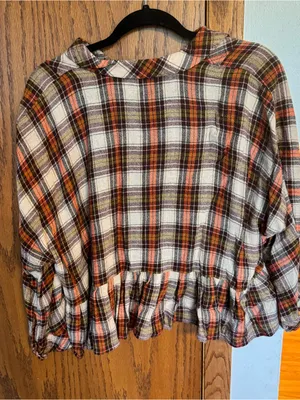 Free People Plaid Button-Front Peasant Top in Cream and‎ Rust thumbnail 3