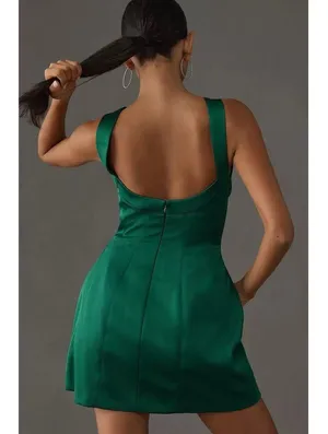 Anthropologie Green Sleeveless Plunge Satin Mini Holiday Cocktail Dress Size 10 thumbnail 2