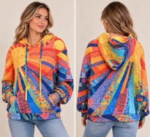 Women’s Sunshine Multicolor Quilted Patchwork Pullover Hoodie Boho Sun Ray XL thumbnail 2