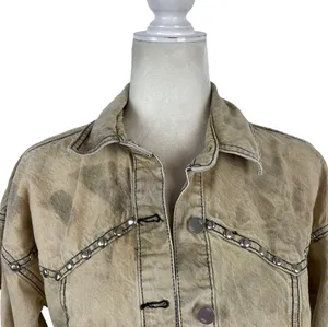 Zara Studded Z1975 Cropped Denim Jacket Tan Size XS Washed effect 100% Cotton thumbnail 6