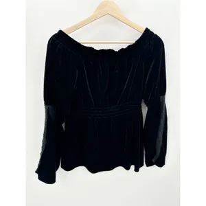 Velvet Lace Trim Peasant Top Black‎ Boho Gothic Romantic Long Sleeve Grunge Sz S thumbnail 3