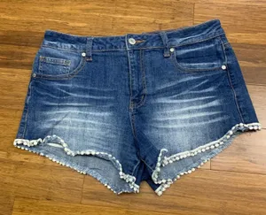 Altar'd State Denim Shorts Womens Size 29 Pom Trim Distressed Blue Jean Shorts‎ thumbnail 1