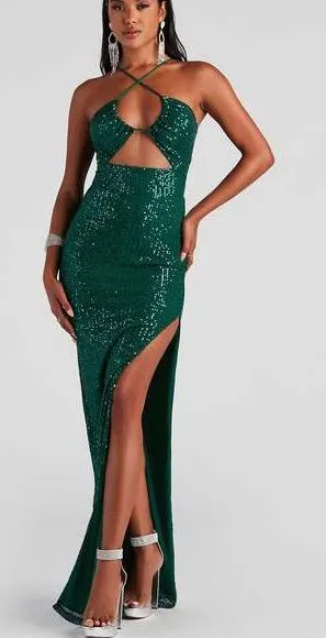 Windsor Emerald Green Sequin Cutout Halter dress thumbnail 1