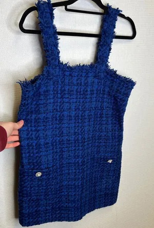 Zara Blue Tweed Mini Dress Pinafore‎ Frayed Trim Pearl Button Large L 8920/221 thumbnail 1