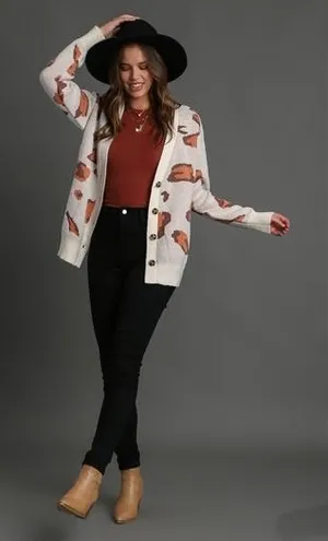 Umgee USA NWT Women Cream Rust Animal Print‎ Button Front Cardigan Sweater M thumbnail 1