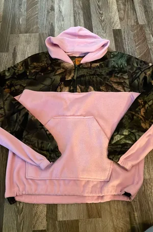 Vintage Fleece pink and camo quarter zip hooded sweatshirt thumbnail 1