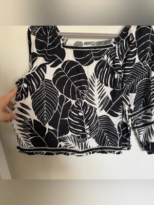 Cynthia Rowley Black White Leaf Print 100% Linen Blouse Crop Beach Size S thumbnail 3