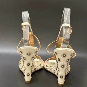 ESCADA Ivory White Leather Crystal Studded T-Strap Wedge Sandals Size 37 1/2 thumbnail 4