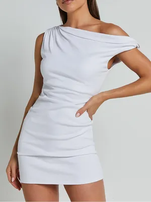 SHOWPO Clementine Ribbed Off The Shoulder Bodycon Mini Dress In White thumbnail 6