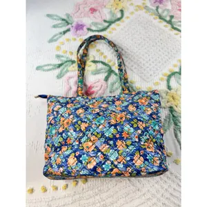 Blue‎ Floral Quilted Cotton Tote Bag Zippered Shoulder Bag with Pockets thumbnail 6