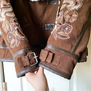 Free People Andies Vegan Moto Jacket Embroidered Floral Brown Bear Small NWT‎ thumbnail 3