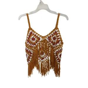 Granny Square Crocheted Crop Fringe Top S/M Boho Festival Hippie Granola thumbnail 2