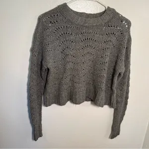 American Eagle Women's Size XS Pointelle Crew Neck Sweater Gray Open Knit‎ thumbnail 3