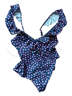 Aerie One Piece Swimsuit Medium Floral Ruffle V Neck Pink Green Bathing Suit thumbnail 3