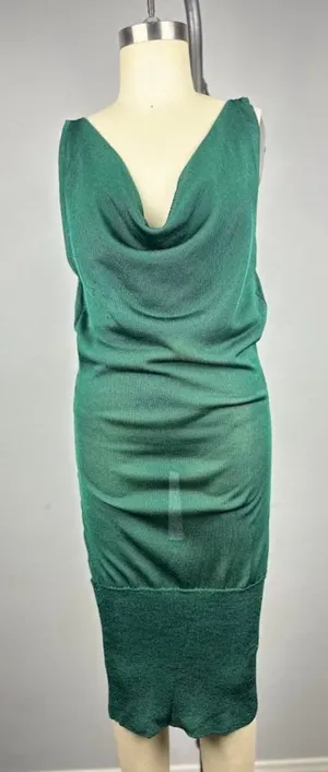 BeBe Y2K Green Cowl Neck Drape Back Bodycon Midi Dress Size S thumbnail 1