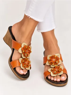 Bonita Floral Leather Wedge Sandals Cognac Brown Slide Mules Platform Heel thumbnail 1