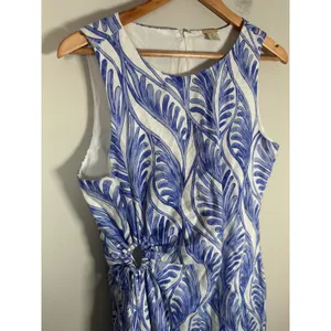 Magaschoni Linen Midi Dress Women 10 Blue White Coastal Cutout Resortwear thumbnail 5