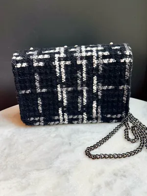 Chico's Pearl Embellished Tweed Crossbody Bag Black White Evening Clutch thumbnail 3