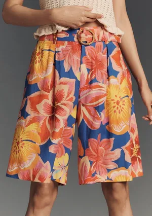 Farm Rio Linen Blend Belted Floral Bermuda Shorts, Size XS thumbnail 3