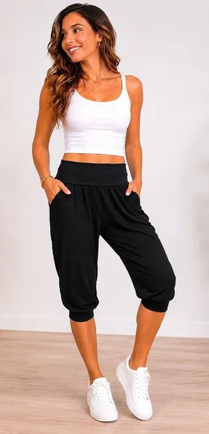 Hard Tail Women's Black Harem Foldover Waist Capris Sz Small thumbnail 1