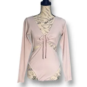 Victoria’s Secret M Mauve Ribbed Bodysuit Long Sleeve‎ Tie Front Cutout Knit thumbnail 3