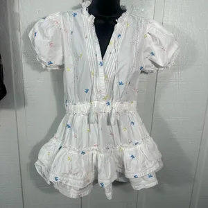 Mable White with Multi Colored Bows Puff Sleeve Lined Dress Size Small EUC thumbnail 2
