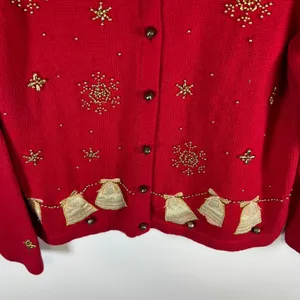 All Points Red Christmas Cardigan Sweater‎ Gold Bells Beaded Snowflakes Large thumbnail 3