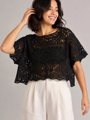 Active USA Black Crochet Lace Crop Top Size M Sheer Boho 100% Cotton thumbnail 1