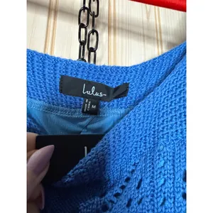 NWT Lulus Adorable Darling Blue Crochet Tie-Strap Midi Dress Holiday Gala Sz M thumbnail 6