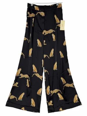 Peach Wide Leg Black Pants with Cheetah / Leopard Big Cat Print Satin Feel NWT thumbnail 2