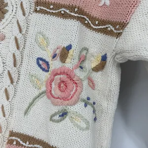 Vintage Floral Embroidered Cable Knit Sweater Cream‎ Pink Small Cottage thumbnail 6