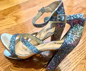 Bamboo women blue/pink glitter sparkle block heels sandals size 37.5 thumbnail 1