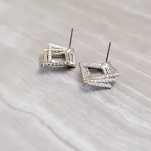 Vintage Stud Earrings Geometric Clear Gem Silver Tone - Fair Condition thumbnail 5