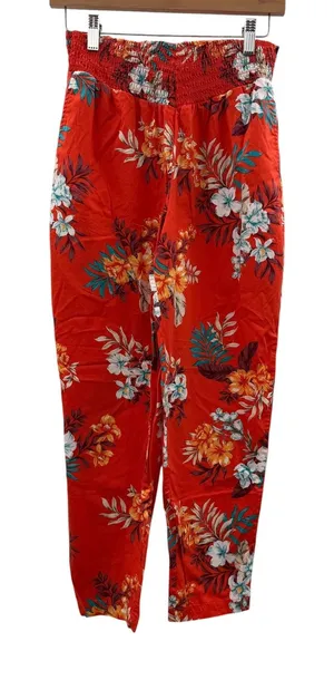 Bar III Floral Tapered Pants Womens M‎ Red Tropical Smocked High Waist Pull On thumbnail 1