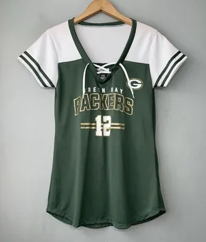 NFL Womens Size Medium Green Bay Packers Aaron Rodgers Gold Glitter Lace Up Top thumbnail 1