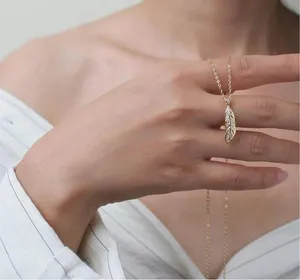 18k gold filled 925 Sterling silver necklace feather pendant link chain thumbnail 5