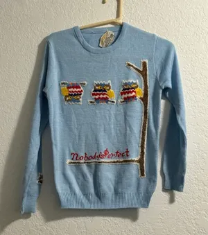 Nobody's Perfect vintage blue Sweater M embroidered owl bird thumbnail 1