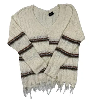 Daytrip Boho Fringe Sweater Cream Striped Distressed‎ Hem Knit Top M/L thumbnail 1