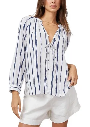 Rails Brielle Shirt Women Small White Blue‎ Wavy Stripe Linen Blend Tie Neck Top thumbnail 1