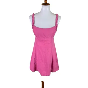 Zara M Pink Linen Blend Mini Dress Square Neck Braided Strap Coastal Y2K thumbnail 2