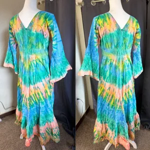 Tie Thai Boho Bell Sleeve Tie Dye Festival Maxi Dress Womens Large Multi-Color thumbnail 10