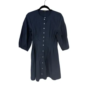 Madewell Sculptural-Sleeve Pleated Mini Dress Navy Cotton Button Front Size 2 thumbnail 3
