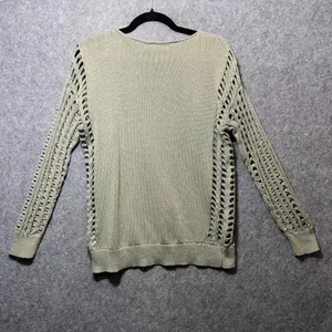 One Grey Day Open Knit‎ Ladder Sleeve Crochet Sweater Sage Green L Boho Cotton thumbnail 8