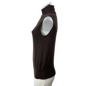 REISS 100% Wool Brown Sleeveless Knit Crinkled Mock Neck Sweater Vest Top Size S thumbnail 2
