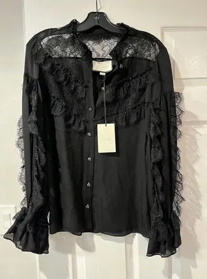 NEW‎ ALEXIS Black Lace Ruffle Long Sleeve Button Down Blouse Top XS thumbnail 1